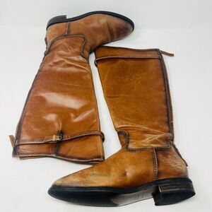 Zara Boots Leather Round Toe Riding Knee High Strap Buckle Brown Womens Size 37